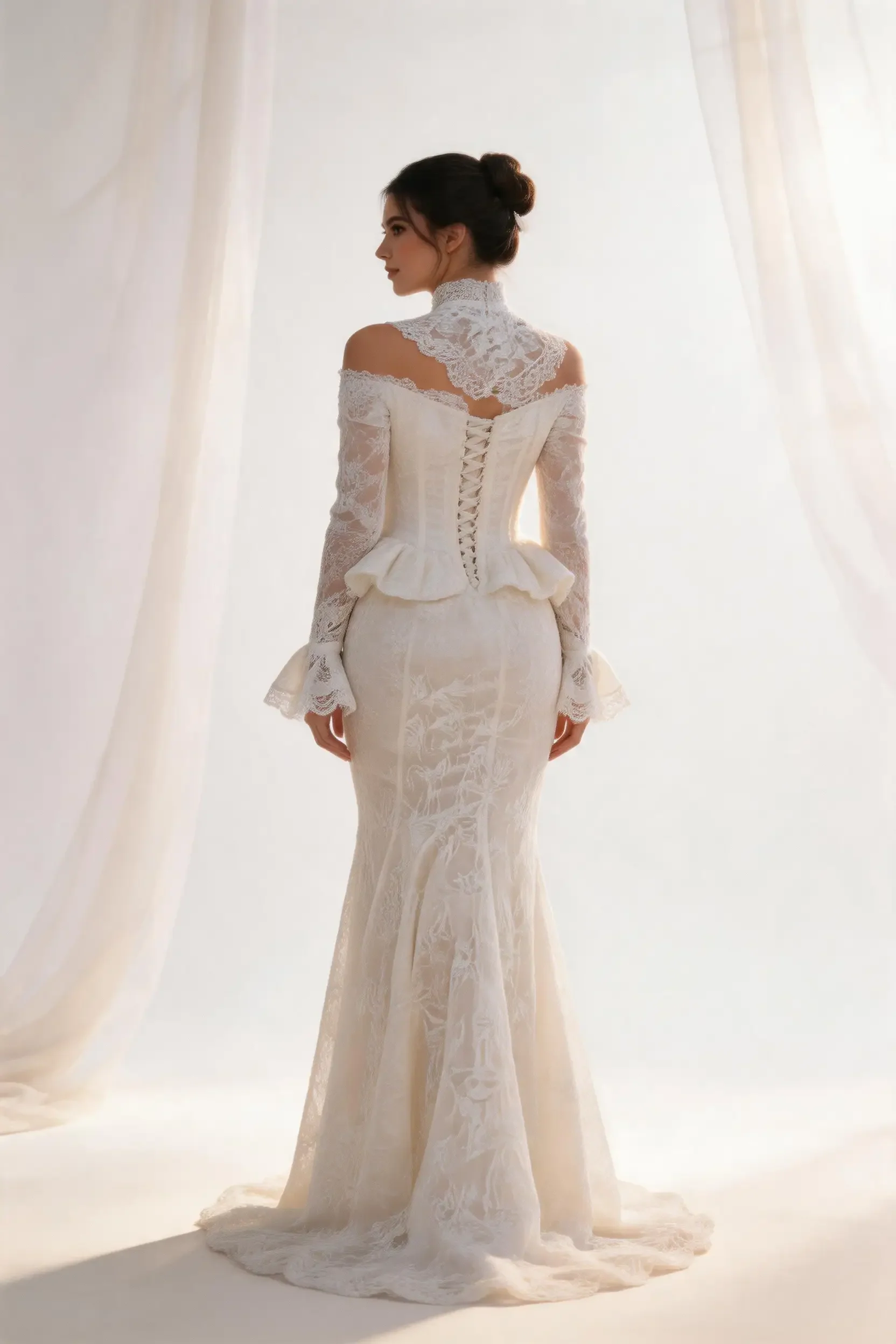 High-Neck Off-Shoulder Vintage Wedding Gown - Image 4