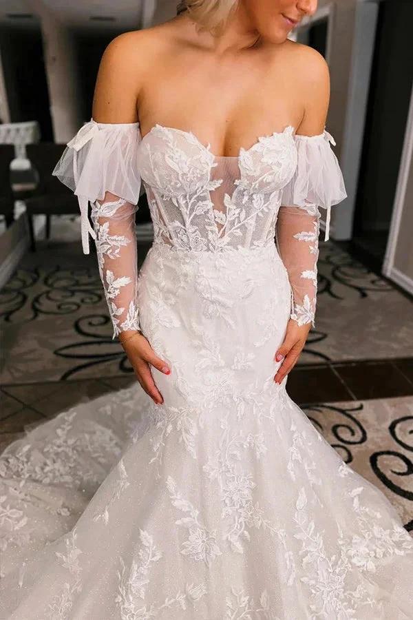 Ivory Floral Trumpet Wedding Dress with Detachable Sleeves WD723 - Image 2