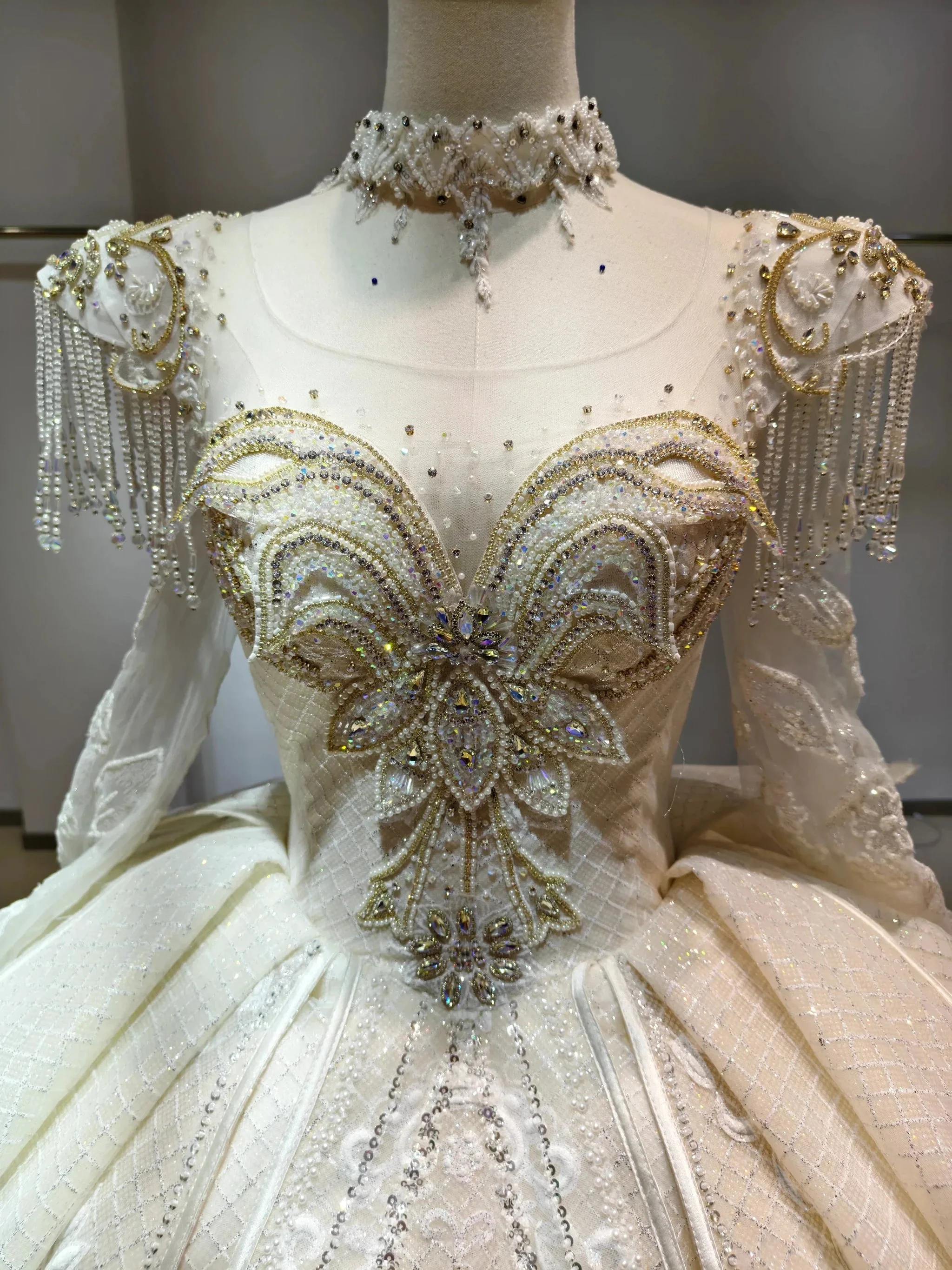 Ivory Gilded Butterfly Ballgown Crystal-Embroidered Bust & Fringed Collar - Image 2