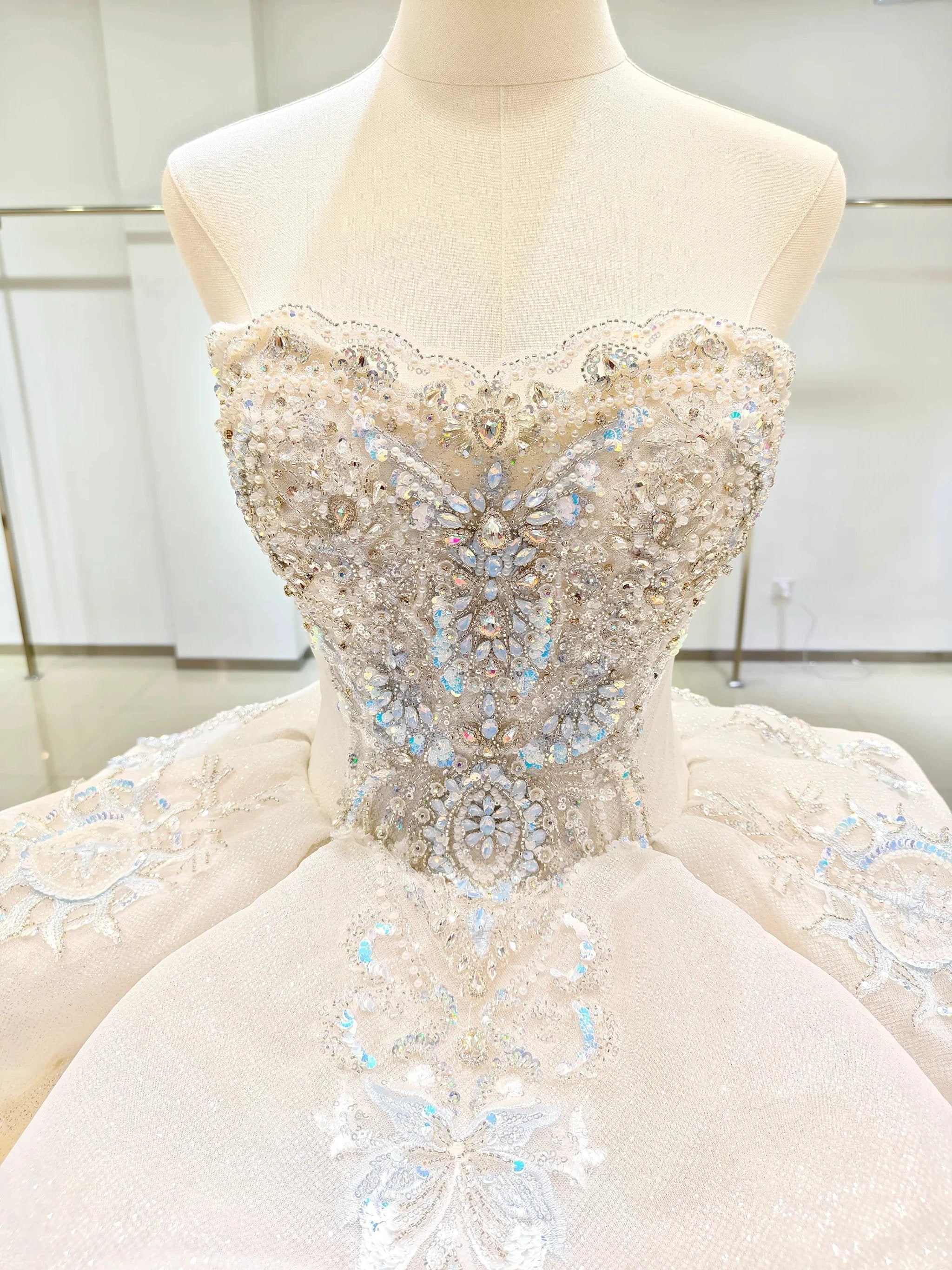 Ivory Glimmer Strapless Ballgown: Iridescent Beaded Bust & Flowing Train - Image 2