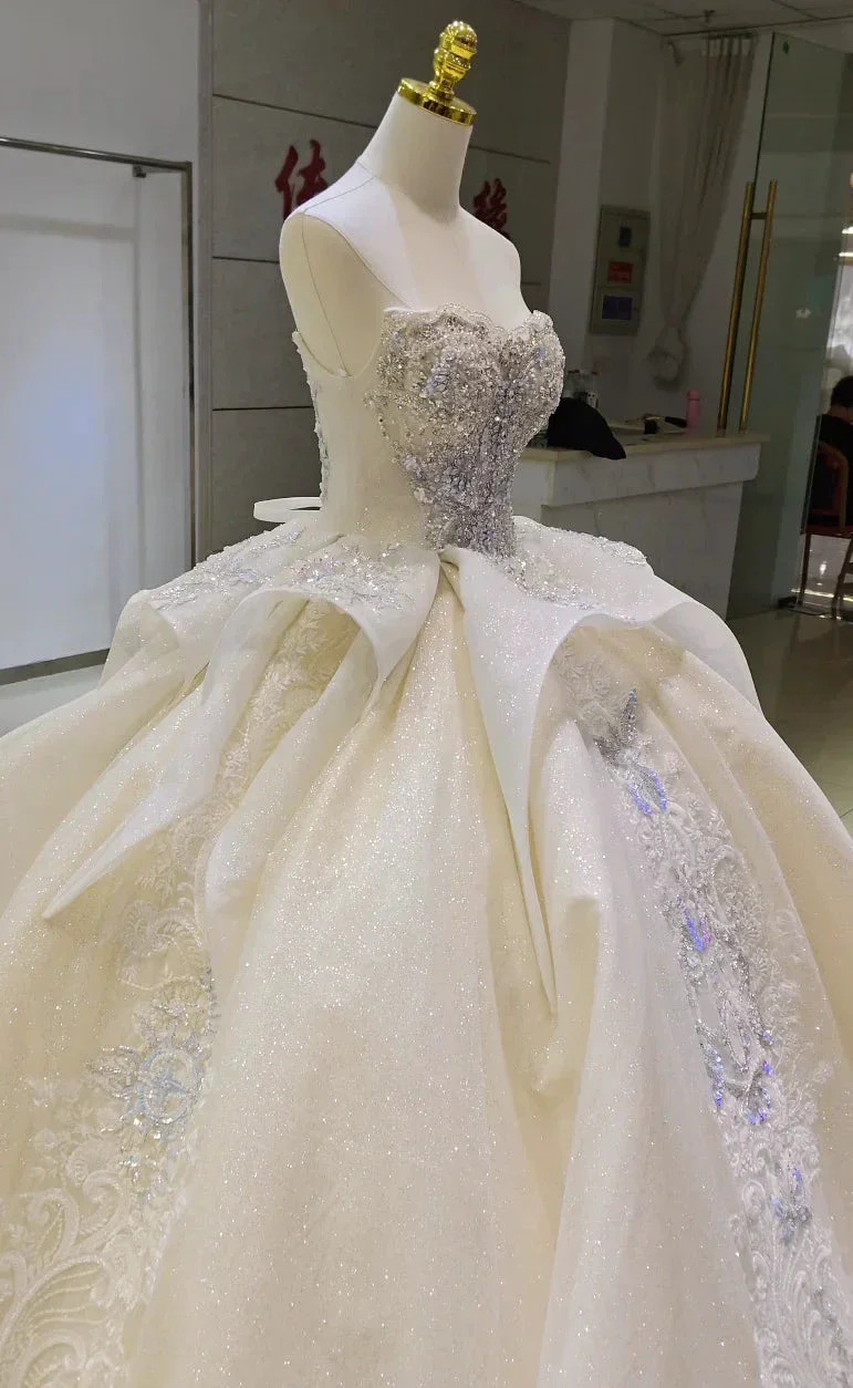 Ivory Glimmer Strapless Ballgown: Iridescent Beaded Bust & Flowing Train - Image 3