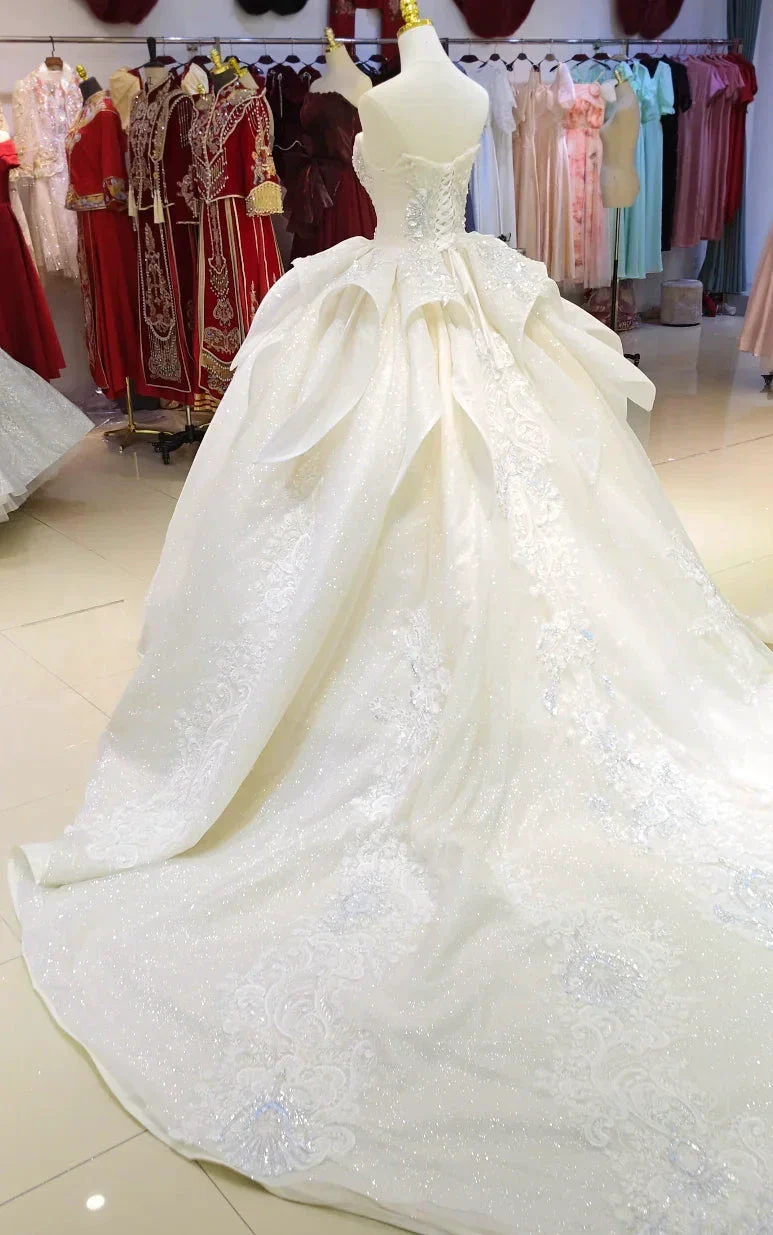 Ivory Glimmer Strapless Ballgown: Iridescent Beaded Bust & Flowing Train - Image 4
