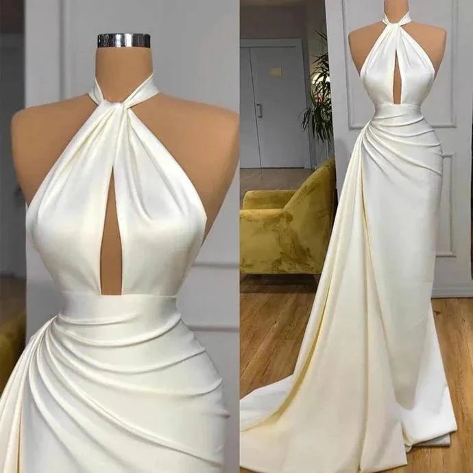 Ivory Halter Long Evening Prom Dress With Split Detachable Train - Image 2