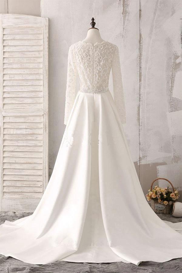 Ivory Lace and Satin V-neck Long Sleeve Beaded Wedding Dress WD144 - Image 2