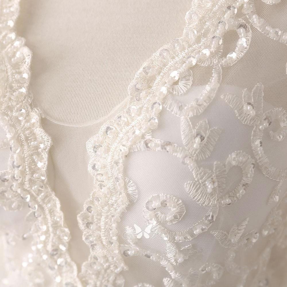 Ivory Lace and Satin V-neck Long Sleeve Beaded Wedding Dress WD144 - Image 3