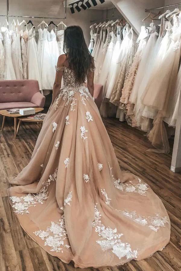 Ivory Lace Appliqued Champagne Off Shoulder Wedding Gowns Court Train WD438 - Image 2