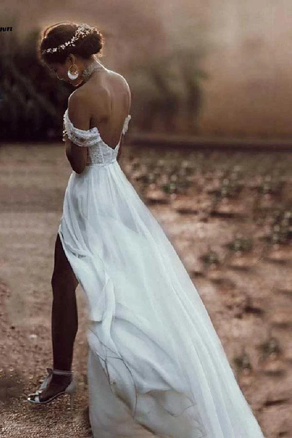 Ivory Lace Off The Shoulder Backless Chiffon Split Wedding Dresses WD511 - Image 3