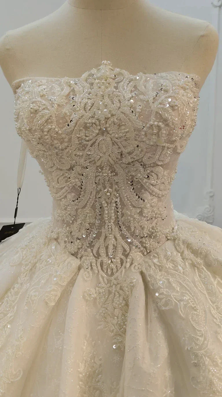 Opulent Strapless Ball Gown Wedding Dress with Pearl Beaded Lace, Sequin Tulle & Corset Lace-Up Back Ye-2030 - Image 2