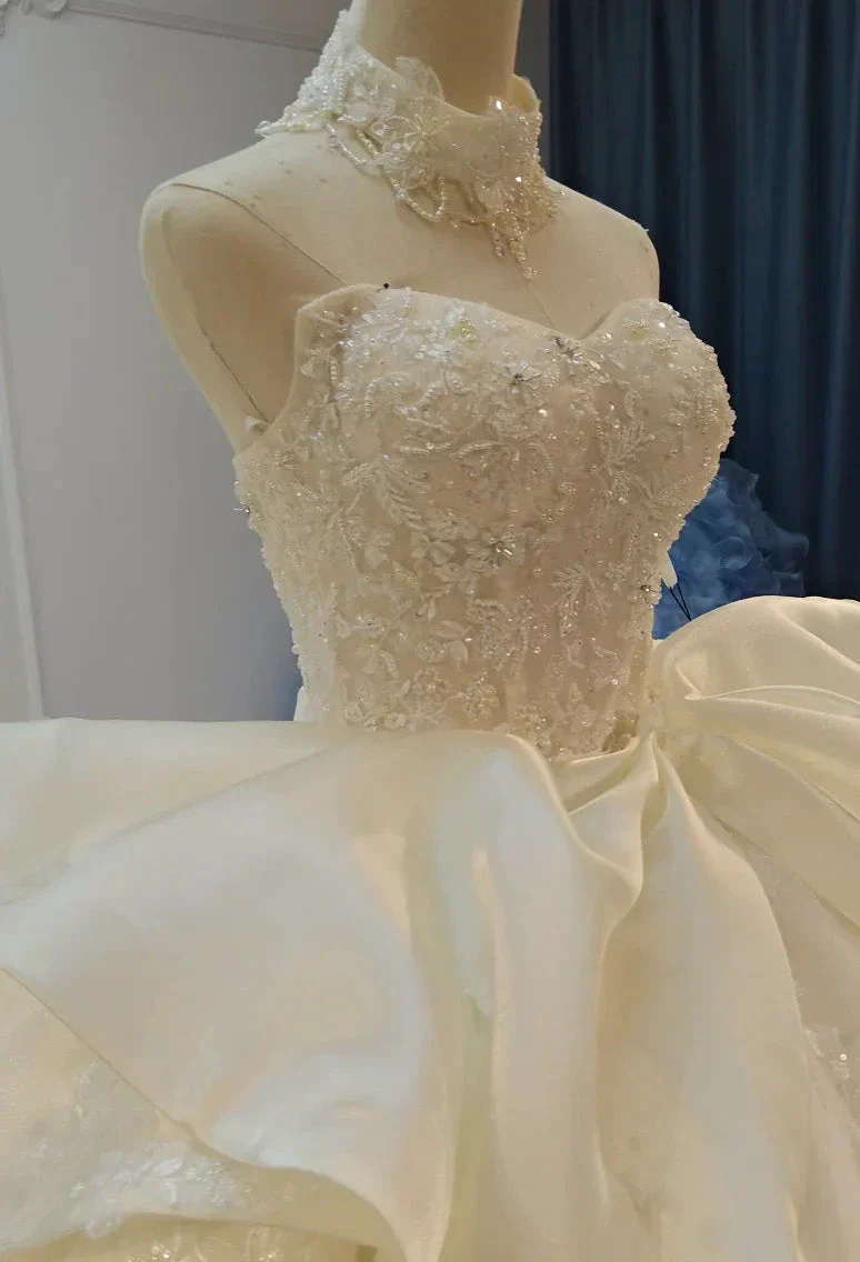 Ivory Lace Strapless Ballgown Choker Collar & Bow Skirt - Image 3