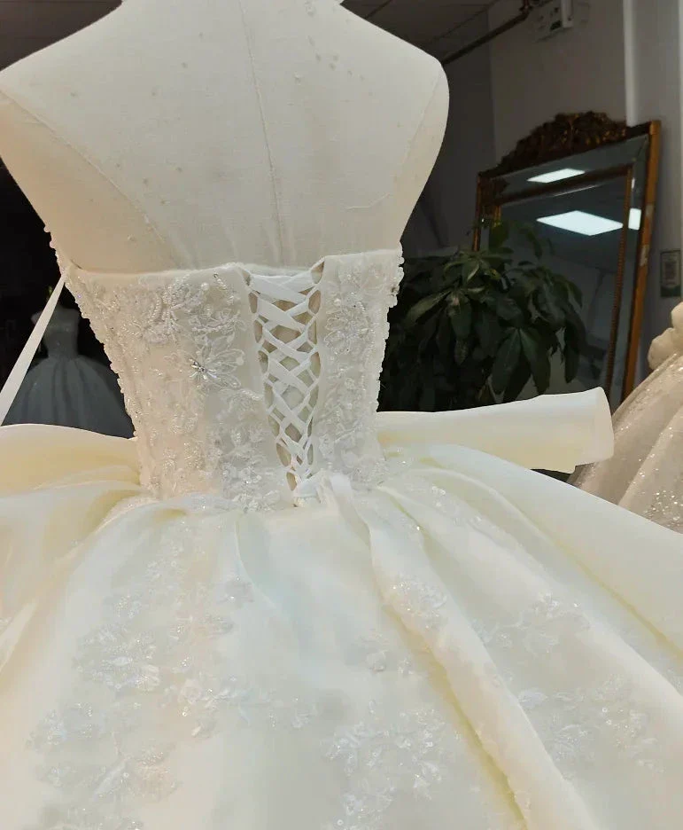 Ivory Lace Strapless Ballgown Choker Collar & Bow Skirt - Image 4