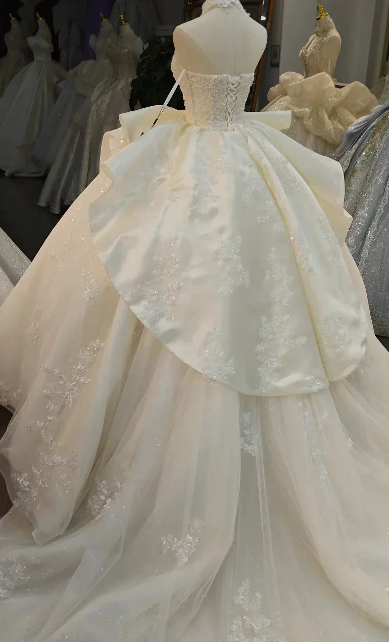 Ivory Lace Strapless Ballgown Choker Collar & Bow Skirt - Image 5