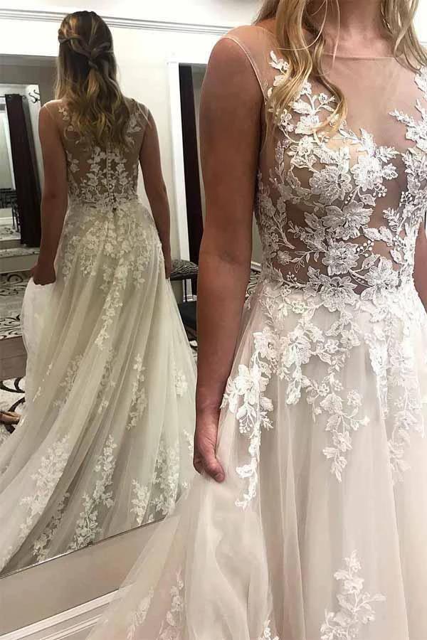 Ivory Lace Wedding Dresses See Through Applique with Court Train   WD296 - Image 2