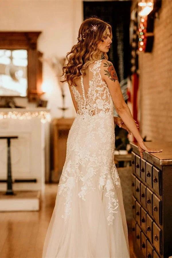 Ivory Long Mermaid V-neck Straps Tulle Lace Wedding Dress with Ruffles - Image 4