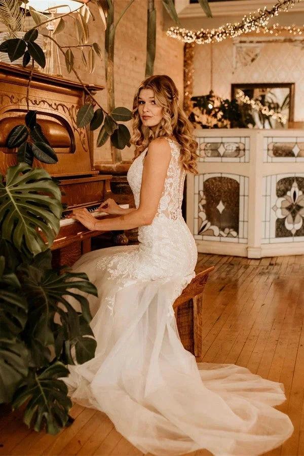 Ivory Long Mermaid V-neck Straps Tulle Lace Wedding Dress with Ruffles - Image 5
