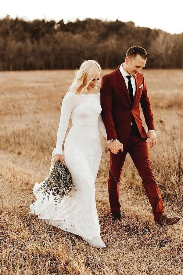 Ivory Long Sleeve Rustic Wedding Dresses Backless Sheath Beach Wedding Dress  WD384 - Image 2