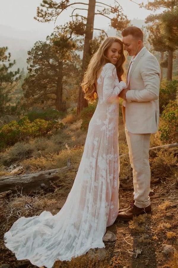 Ivory Long Sleeve Rustic Wedding Dresses Backless Sheath Beach Wedding Dress  WD384 - Image 3