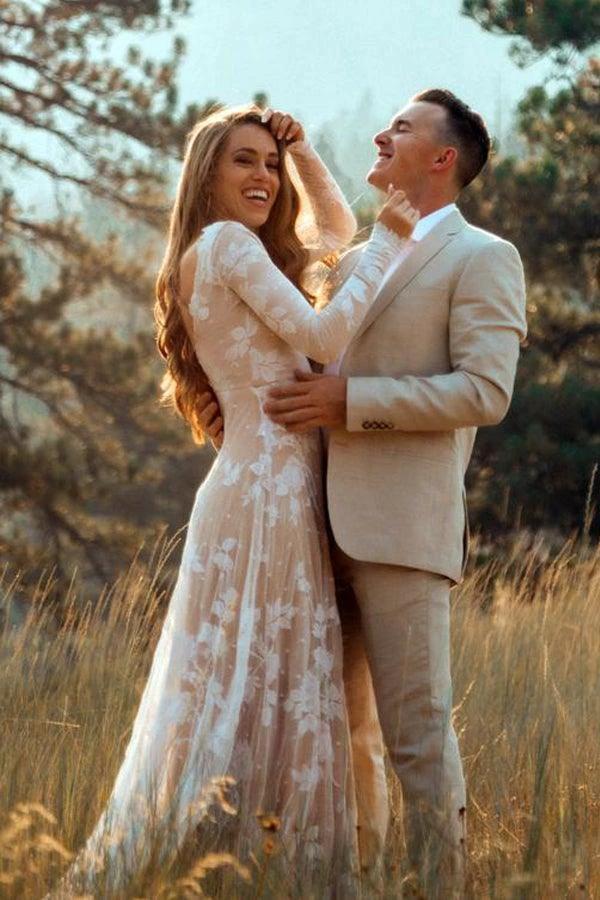 Ivory Long Sleeve Rustic Wedding Dresses Backless Sheath Beach Wedding Dress  WD384 - Image 4