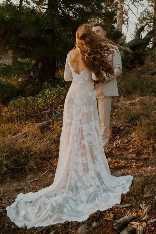 Ivory Long Sleeve Rustic Wedding Dresses Backless Sheath Beach Wedding Dress  WD384 - Image 5