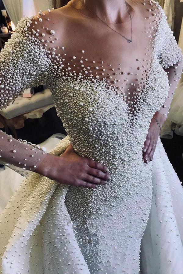 Ivory Long Sleeves Despatchable Train V-neck Button Wedding Dress with Fully coverd Pearls - Image 2
