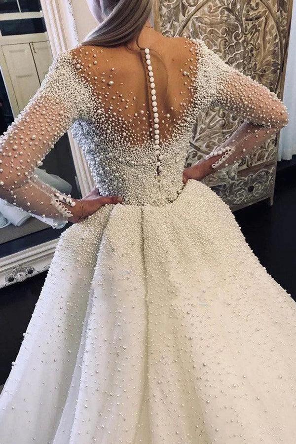 Ivory Long Sleeves Despatchable Train V-neck Button Wedding Dress with Fully coverd Pearls - Image 3
