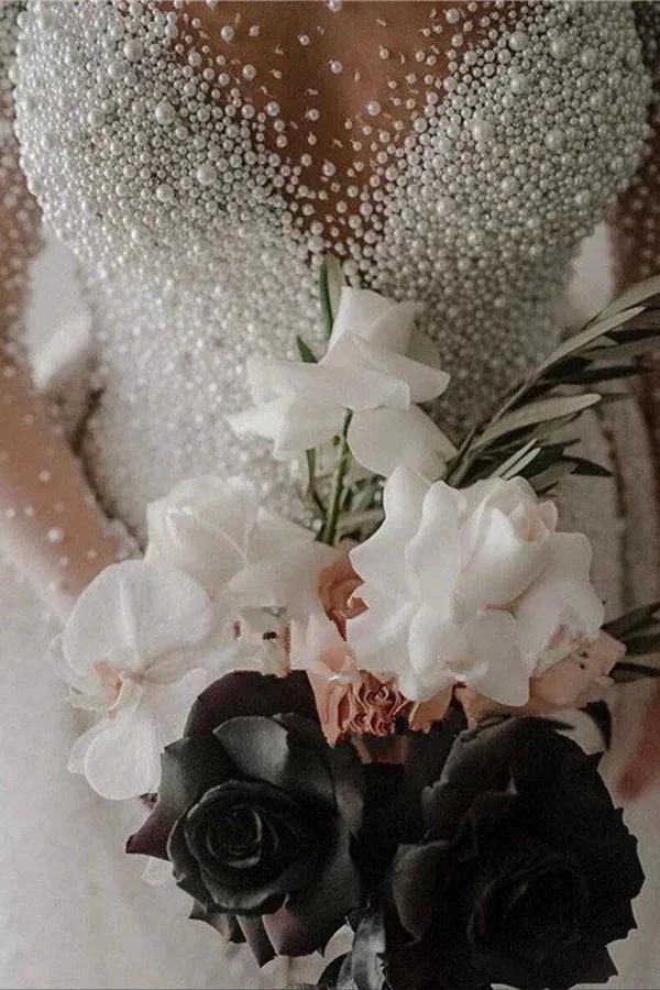 Ivory Long Sleeves Despatchable Train V-neck Button Wedding Dress with Fully coverd Pearls - Image 4