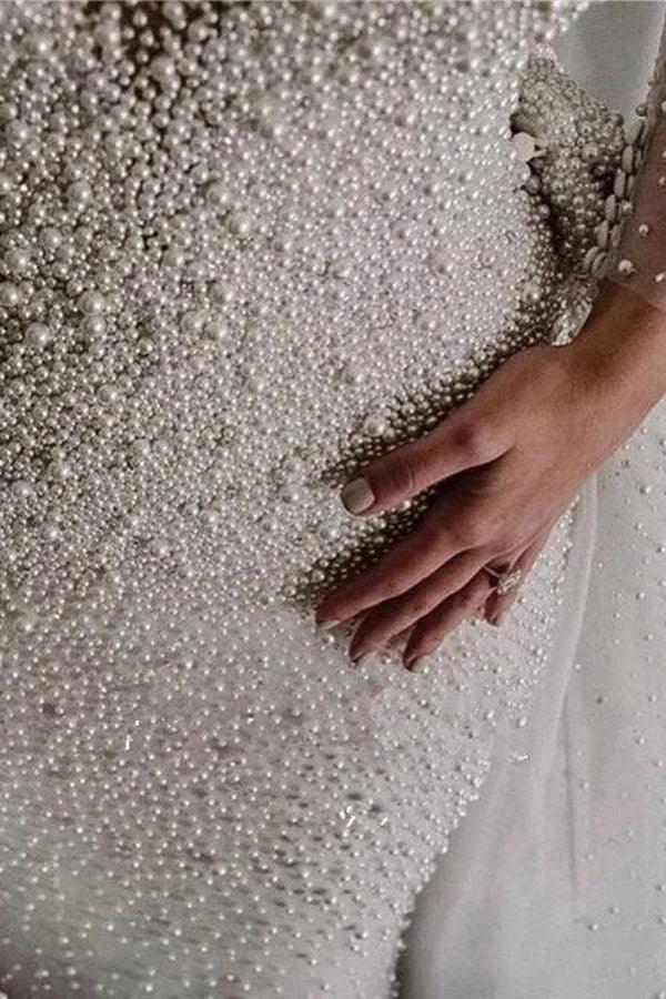 Ivory Long Sleeves Despatchable Train V-neck Button Wedding Dress with Fully coverd Pearls - Image 5