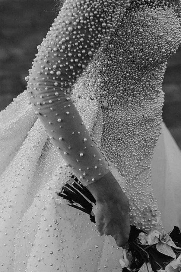 Ivory Long Sleeves Despatchable Train V-neck Button Wedding Dress with Fully coverd Pearls - Image 6