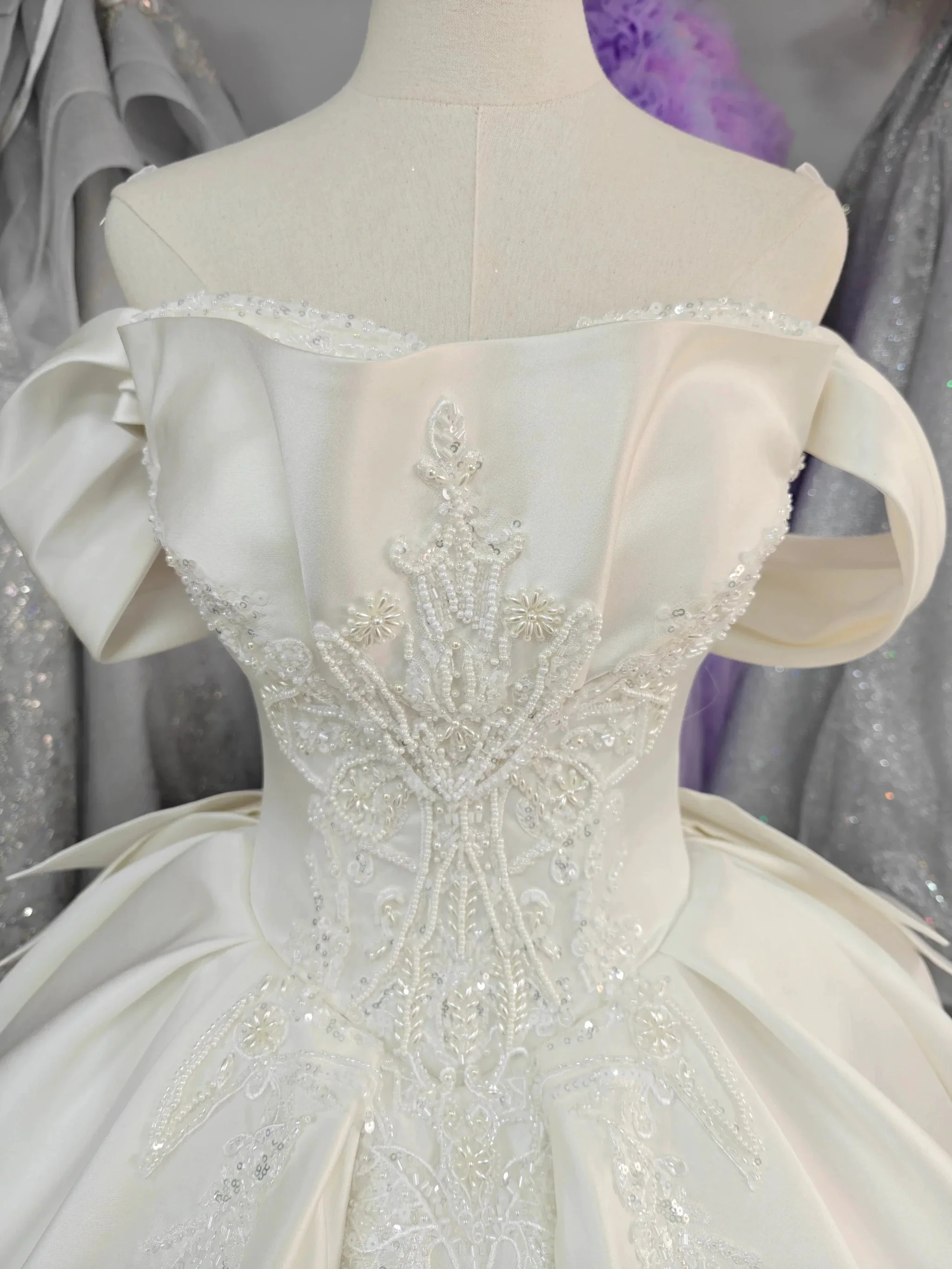 Ivory Lustre Off-Shoulder Ballgown Pearl-Embroidered Bodice & Cathedral Satin Train - Image 2