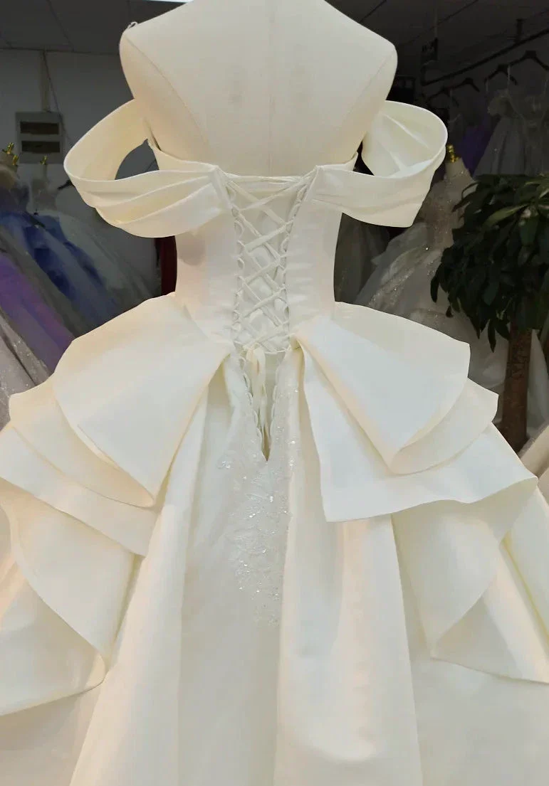 Ivory Lustre Off-Shoulder Ballgown Pearl-Embroidered Bodice & Cathedral Satin Train - Image 3