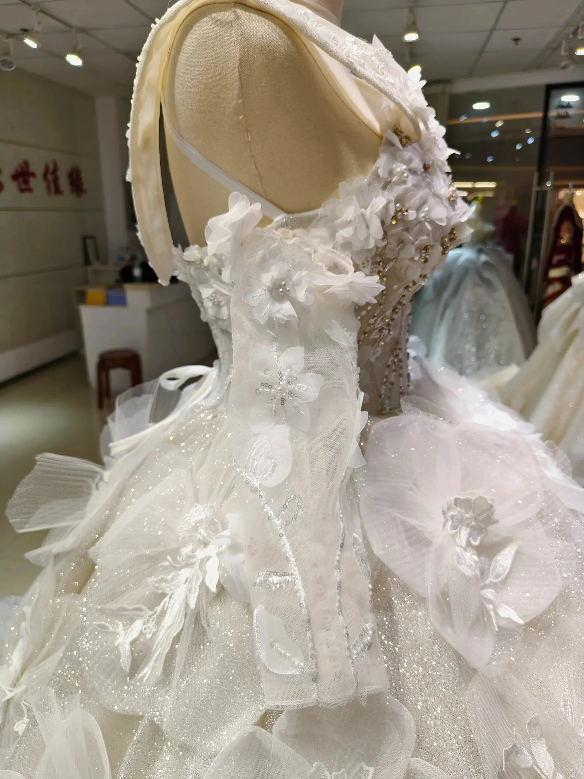 Ivory Petal Whisper Ballgown Organza Floral Bust & Bloom Train - Image 3