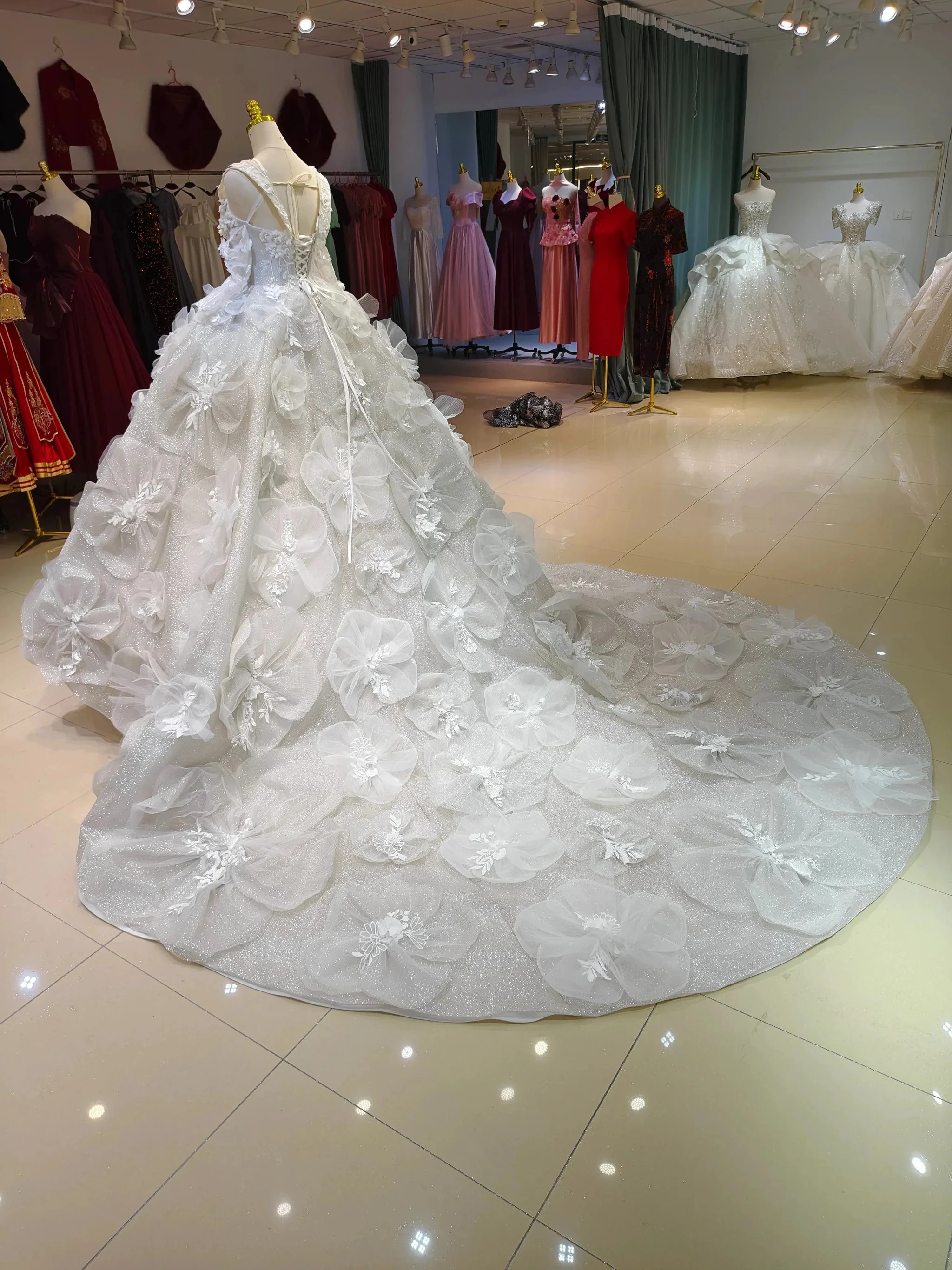 Ivory Petal Whisper Ballgown Organza Floral Bust & Bloom Train - Image 4
