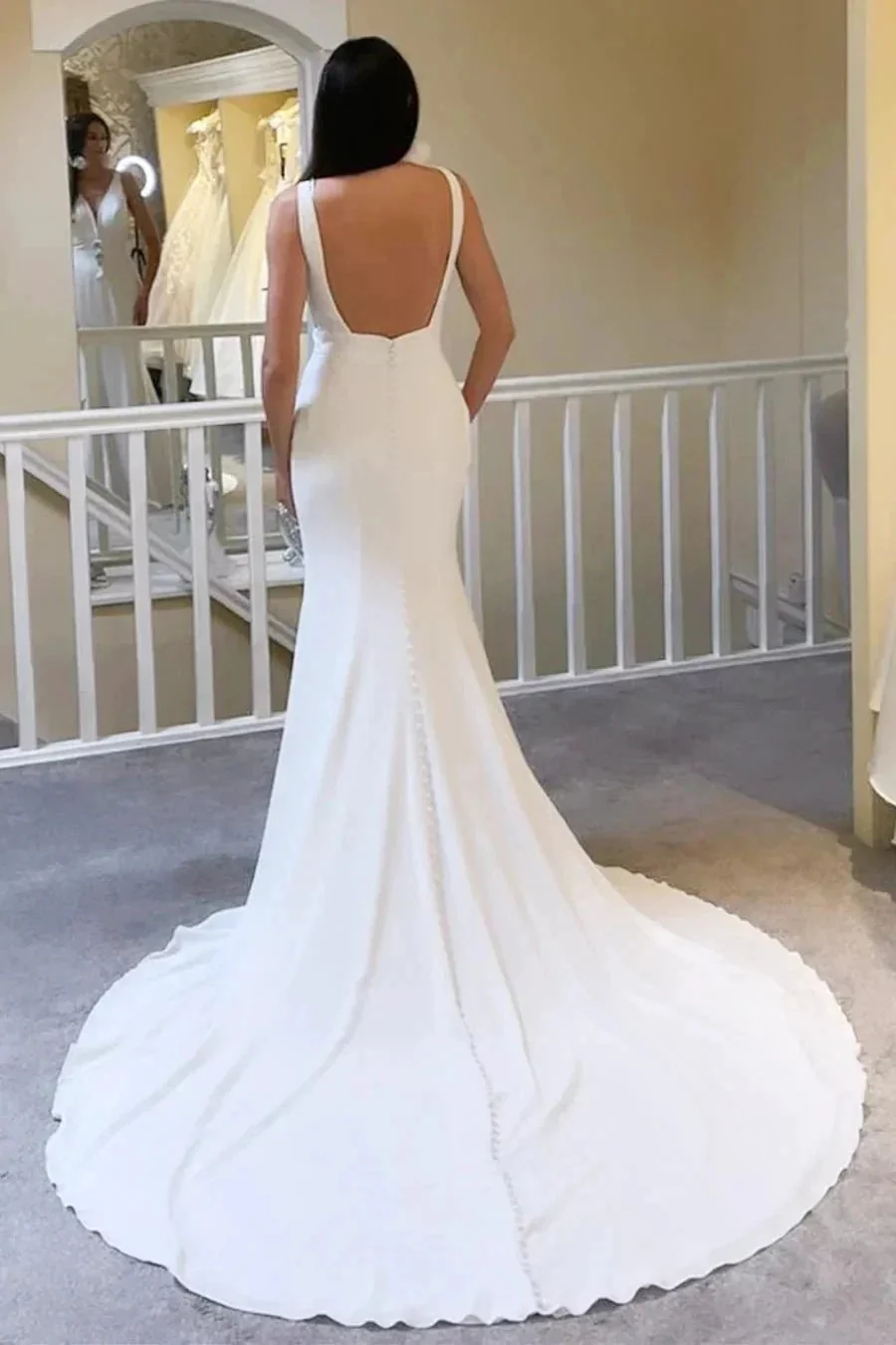 Ivory Plunge V Neck Open Back Mermaid Long Wedding Dress WD665 - Image 2