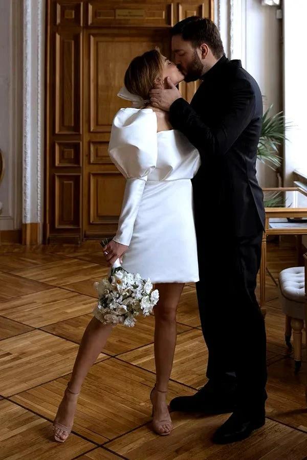 Ivory Puff Sleeves Short Wedding Dress Vintage Wedding Dress WD746 - Image 2