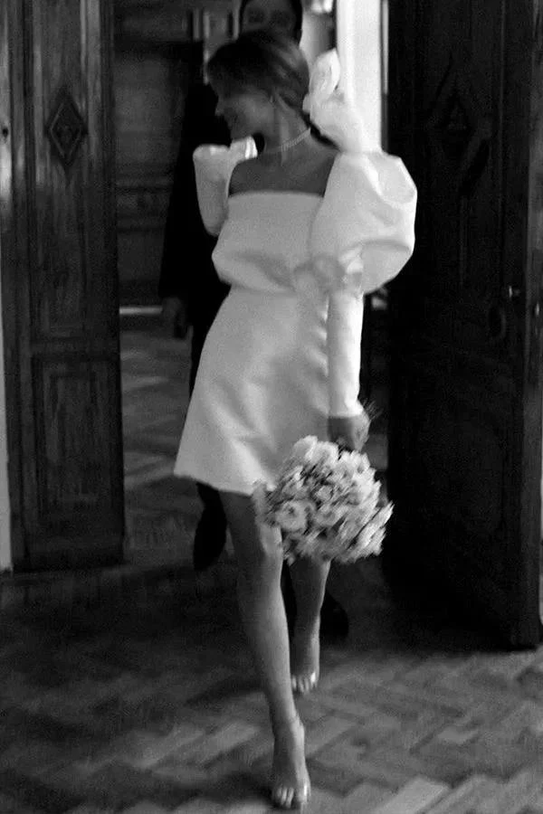 Ivory Puff Sleeves Short Wedding Dress Vintage Wedding Dress WD746 - Image 4