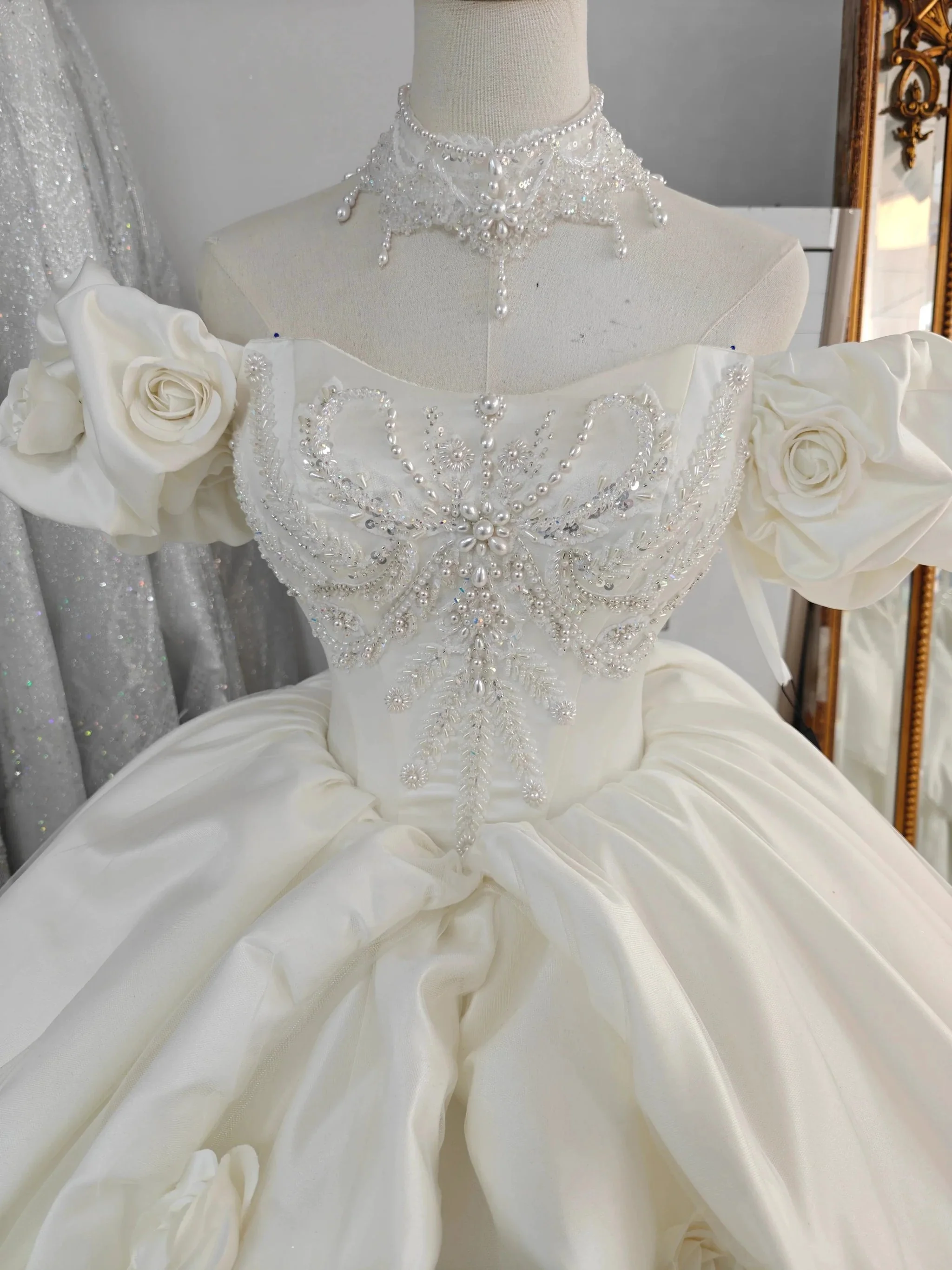 Ivory Rose Off-Shoulder Ballgown Beaded Bust & 3D Flower Skirt - Image 2