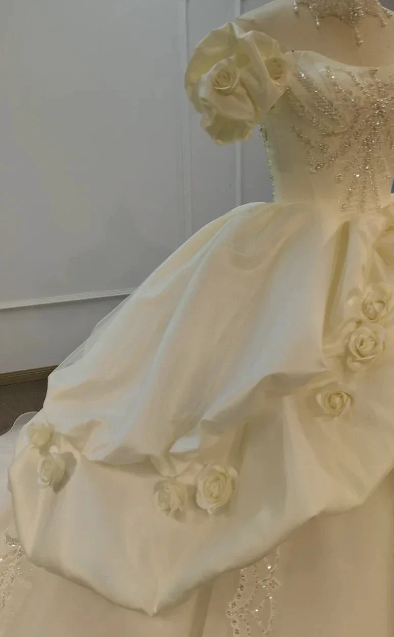 Ivory Rose Off-Shoulder Ballgown Beaded Bust & 3D Flower Skirt - Image 3