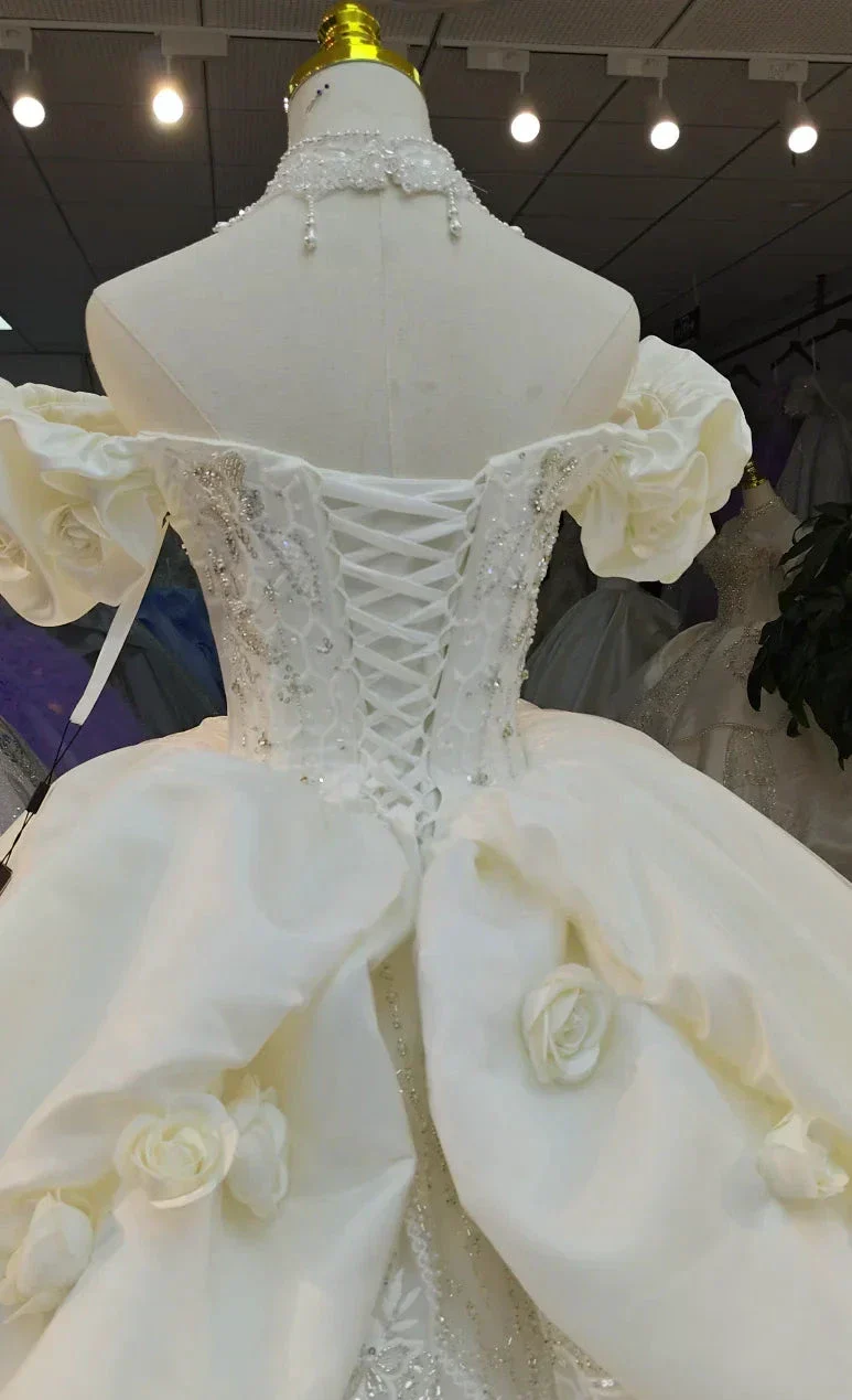 Ivory Rose Off-Shoulder Ballgown Beaded Bust & 3D Flower Skirt - Image 5