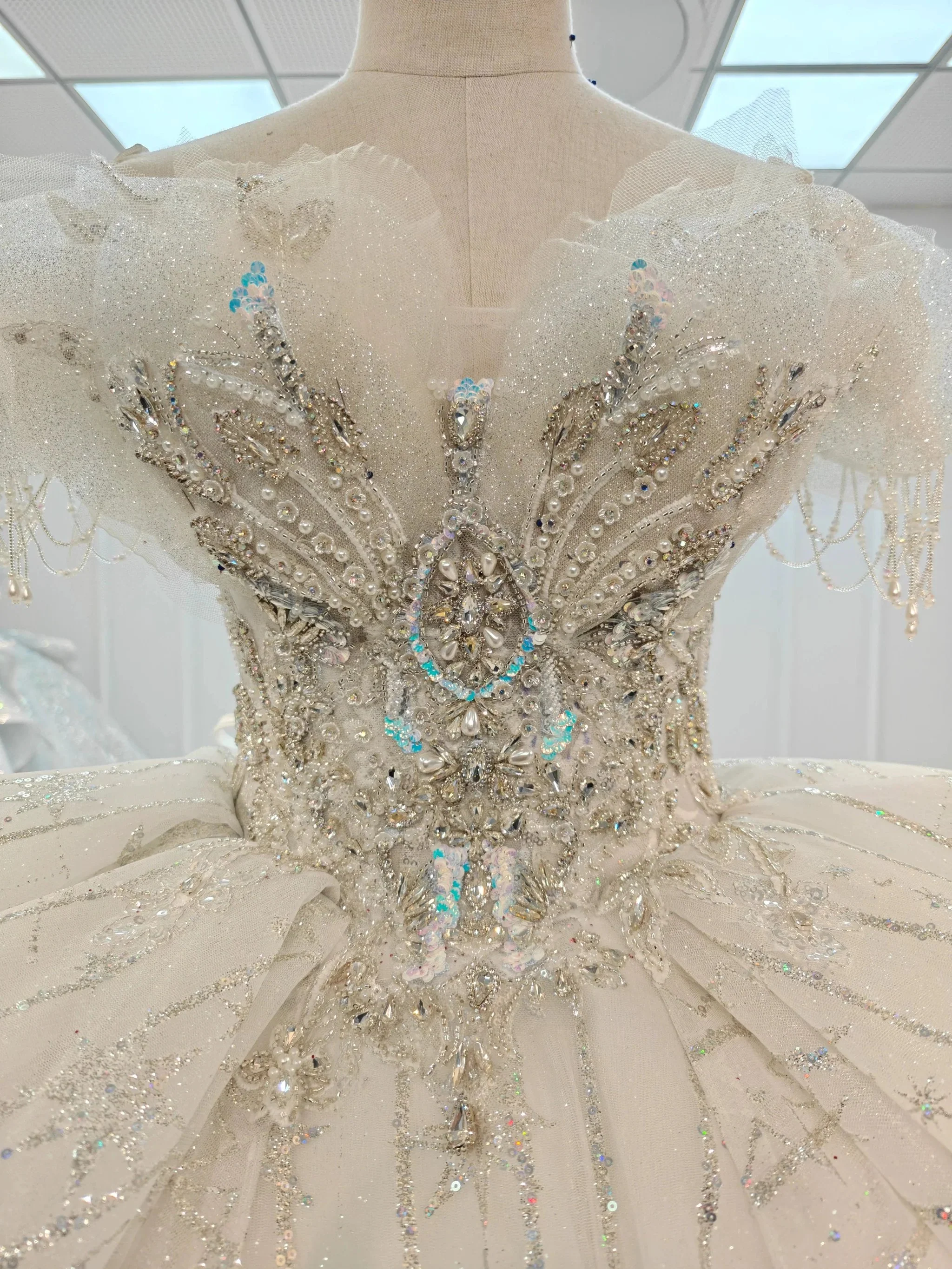Ivory Starlight Off-Shoulder Ballgown Celestial Sequin Skirt & Beaded Tassel Bodice - Image 2