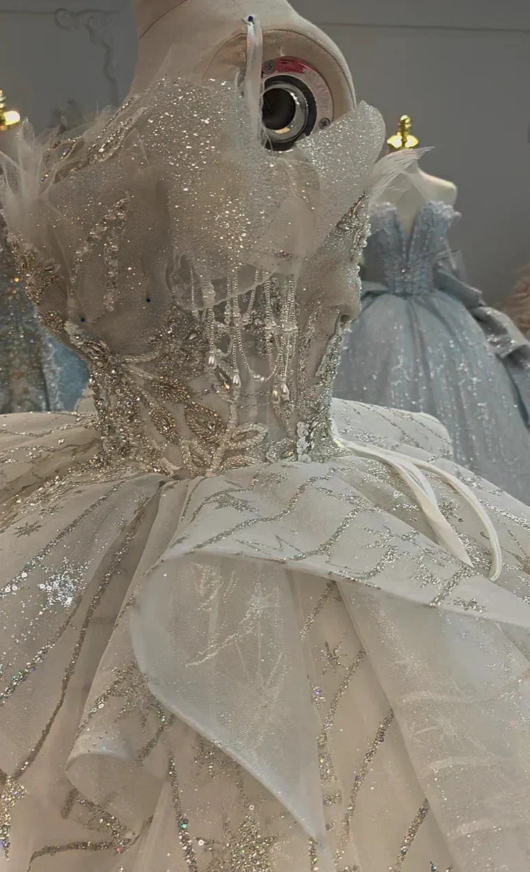 Ivory Starlight Off-Shoulder Ballgown Celestial Sequin Skirt & Beaded Tassel Bodice - Image 3