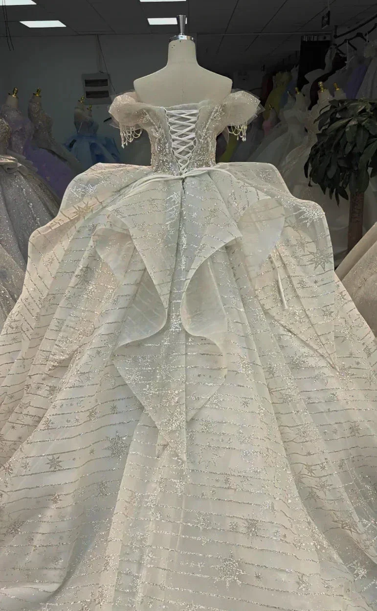 Ivory Starlight Off-Shoulder Ballgown Celestial Sequin Skirt & Beaded Tassel Bodice - Image 4