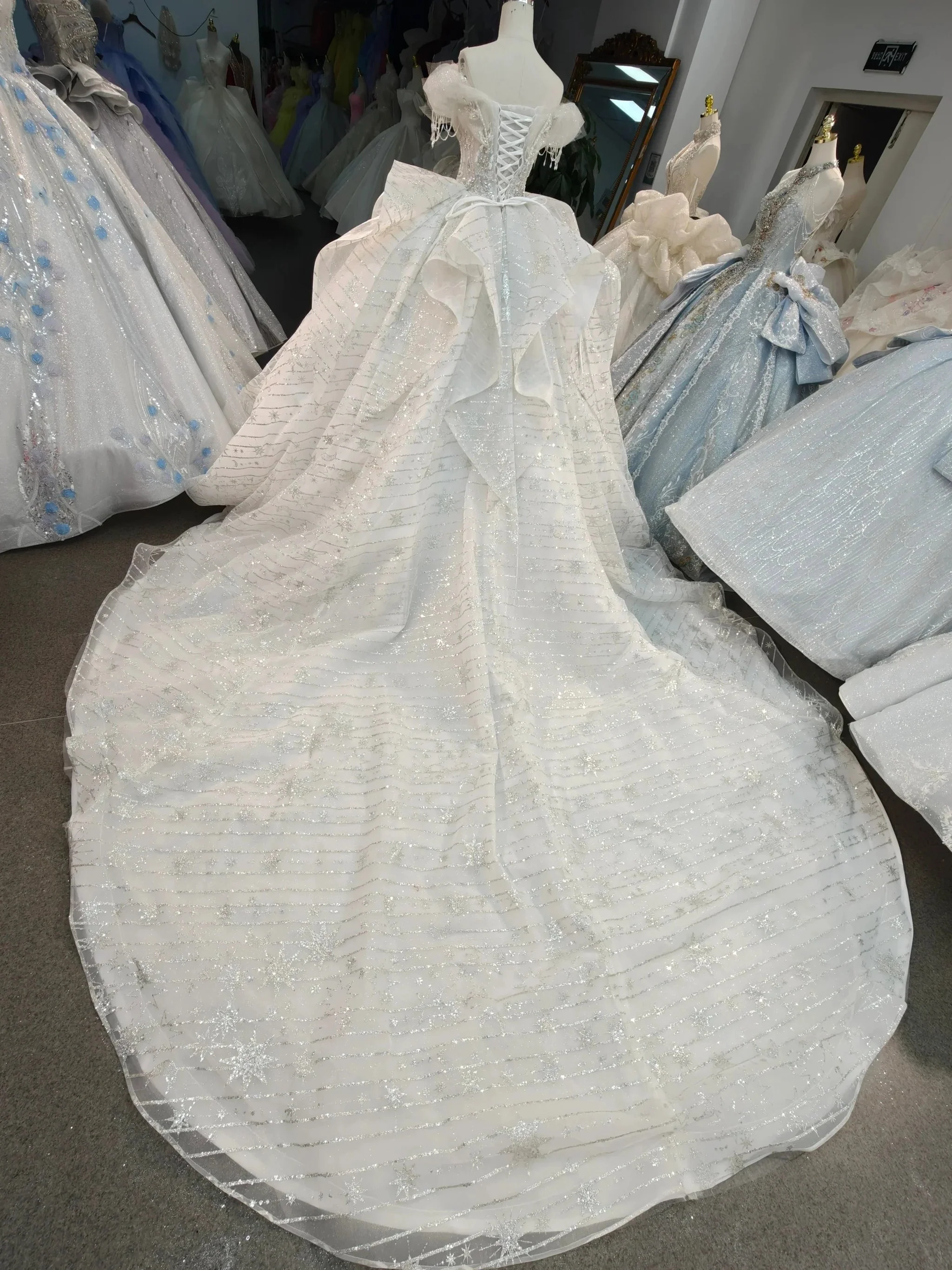 Ivory Starlight Off-Shoulder Ballgown Celestial Sequin Skirt & Beaded Tassel Bodice - Image 5