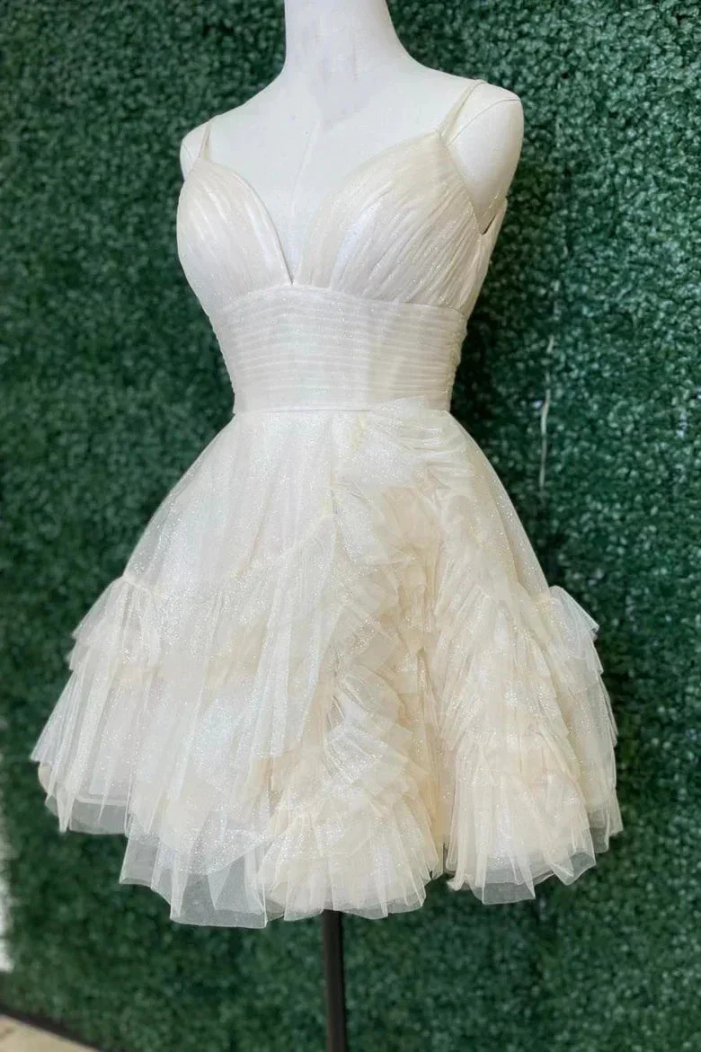 Ivory Straps A-line Short Ruffles Homecoming Dress Y2778 - Image 2
