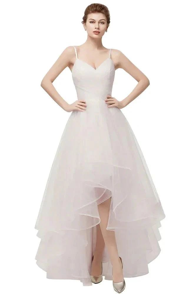 Ivory Sweetheart A-line Hi-lo Spaghetti Tulle Wedding Dresses with Ruffles - Image 10