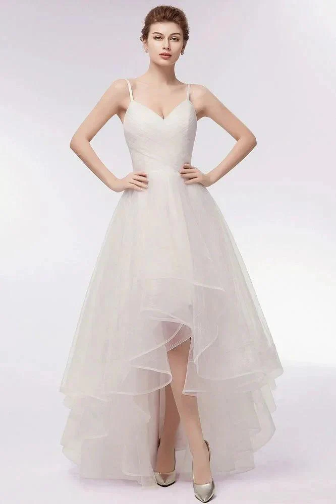 Ivory Sweetheart A-line Hi-lo Spaghetti Tulle Wedding Dresses with Ruffles - Image 12