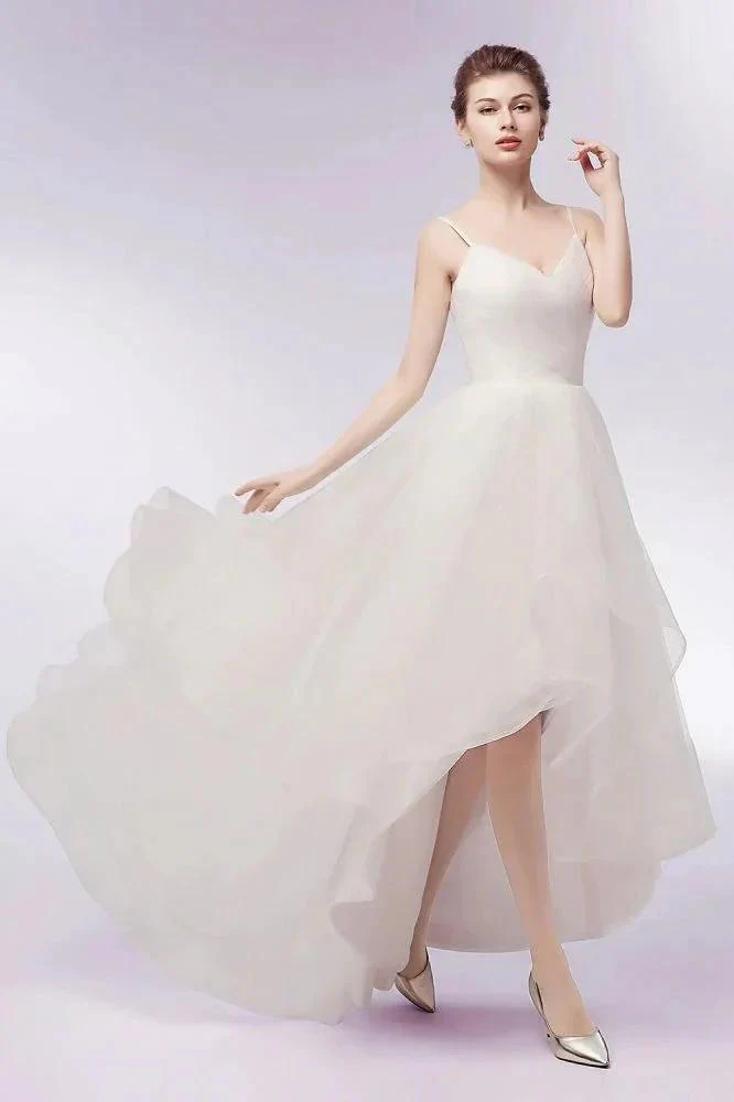 Ivory Sweetheart A-line Hi-lo Spaghetti Tulle Wedding Dresses with Ruffles - Image 2