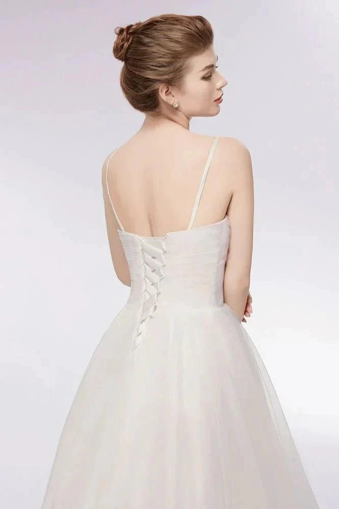 Ivory Sweetheart A-line Hi-lo Spaghetti Tulle Wedding Dresses with Ruffles - Image 3