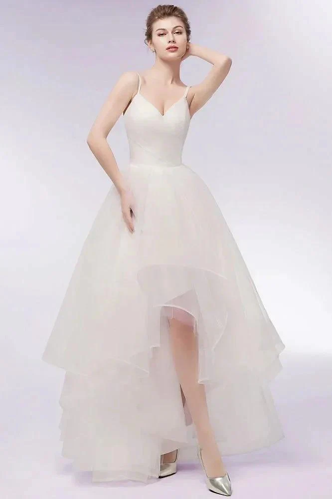 Ivory Sweetheart A-line Hi-lo Spaghetti Tulle Wedding Dresses with Ruffles - Image 5