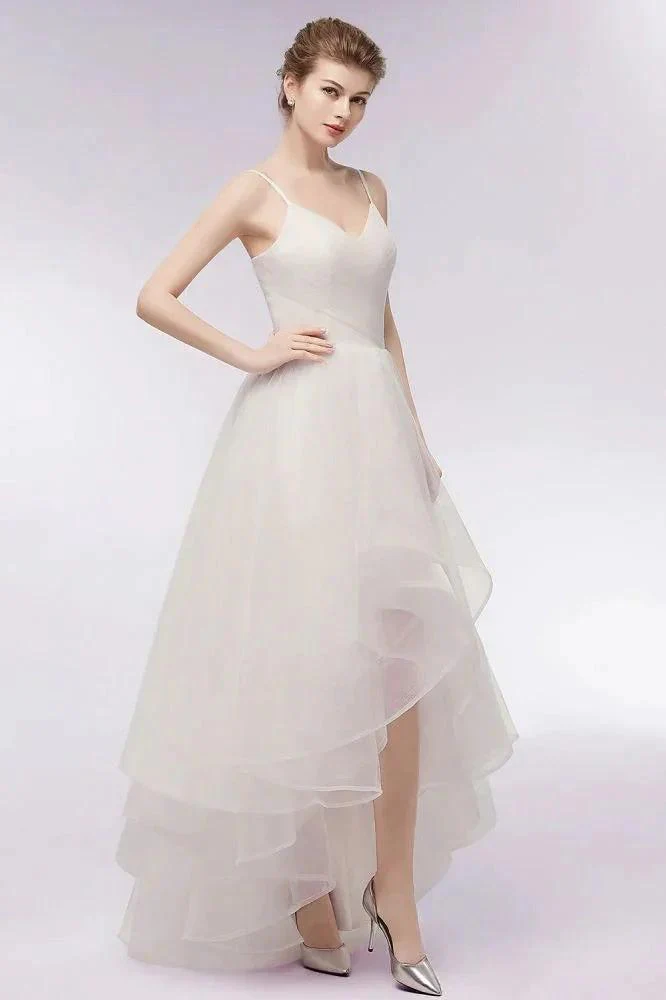 Ivory Sweetheart A-line Hi-lo Spaghetti Tulle Wedding Dresses with Ruffles - Image 6