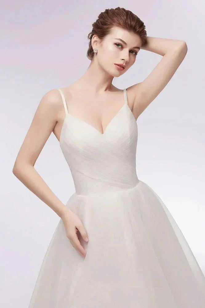 Ivory Sweetheart A-line Hi-lo Spaghetti Tulle Wedding Dresses with Ruffles - Image 7