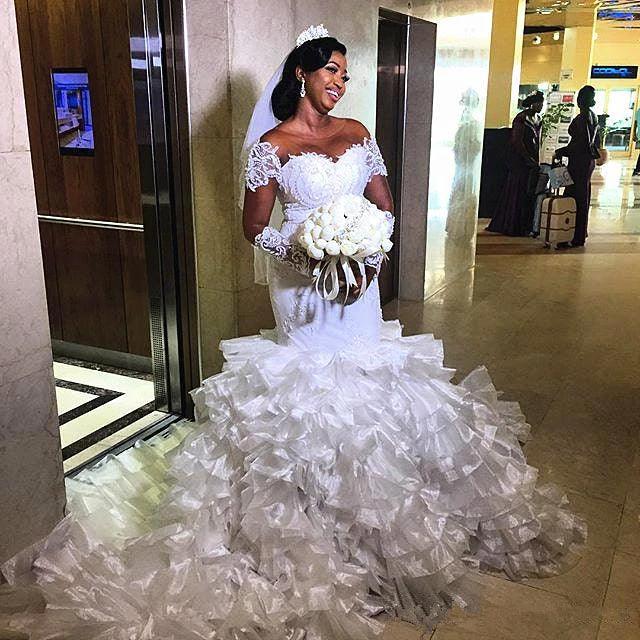 Short sleeves Off-the-Shoulder Mermaid Wedding Dress with Ruffles Train - Image 2